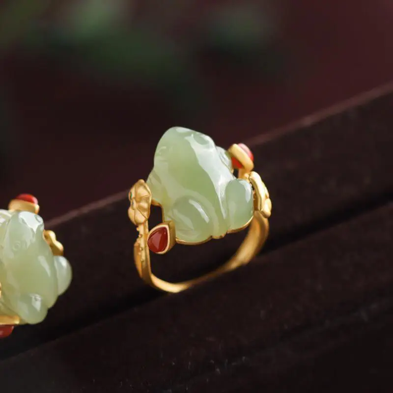 Women Fashion Rings - Pierścionki z zielonego jadeitu żaba Charms