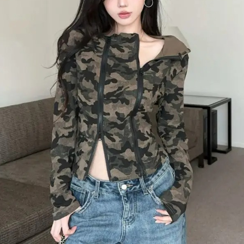 Women'S Fashion Zip Hoodie - Damska bluza z kapturem Camo zapinana