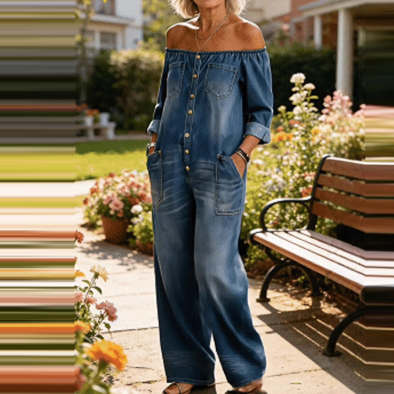 Women'S Fashion Vintage Off Shoulder Long Sleeve Jumpsuit - Damski kombinezon dżinsowy z długim rękawem,