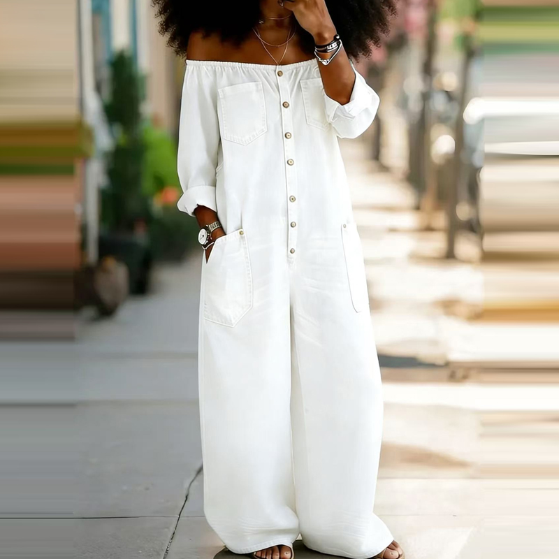 Women'S Fashion Vintage Off Shoulder Long Sleeve Jumpsuit - Elegancki kombinezon damski z denimu z