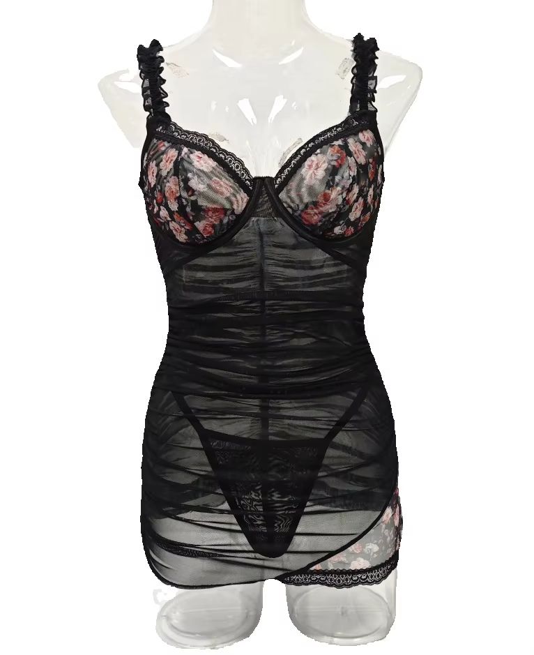 Spaghetti Strap Dress - Damska koronkowa sukienka bieliźniana z falbankami,