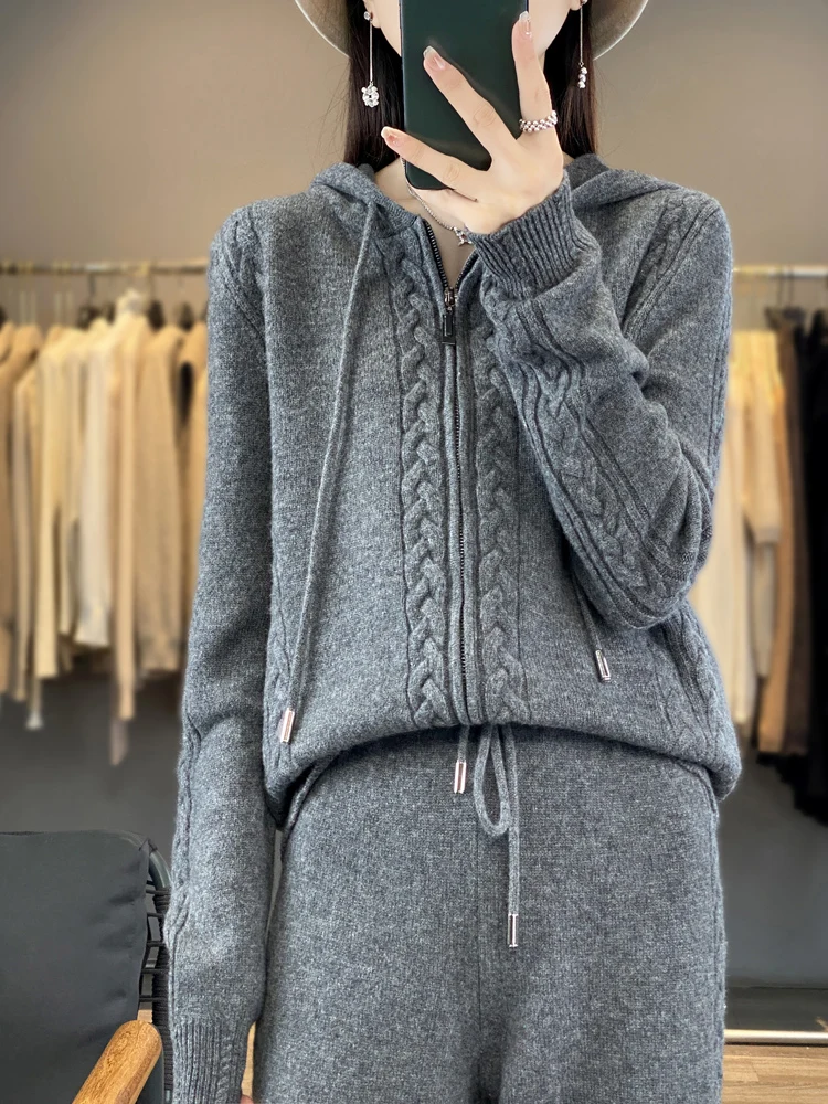 Women'S Fashion Zip Hoodie - Damski komplet z czystego kaszmiru: kardigan