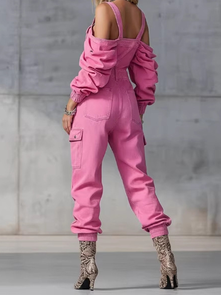 Damski kombinezon dżinsowy w s – Women'S Fashion Vintage Off Shoulder Long Sleeve Jumpsuit recenzja i cena
