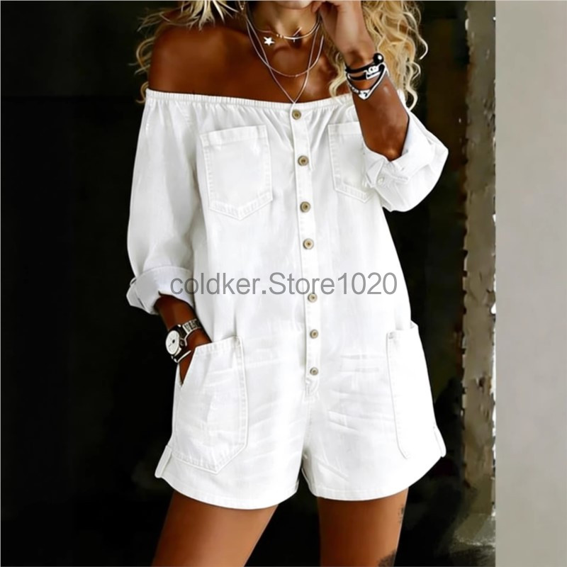 Nowy damski kombinezon dżinsow – Women'S Fashion Vintage Off Shoulder Long Sleeve Jumpsuit recenzja i cena